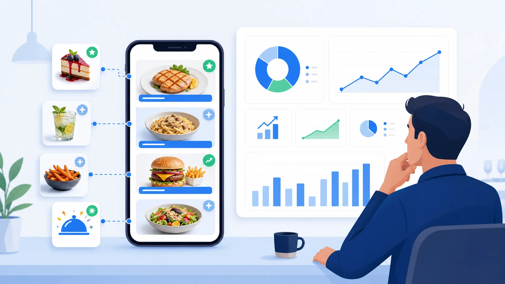 A restaurant manager reviewing digital menu sales signals, highlighted dishes, add-ons, and performance charts