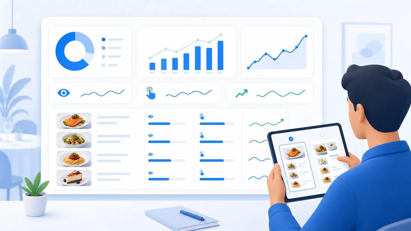 A restaurant dashboard highlighting taps, section views, and menu performance trends beside dish thumbnails