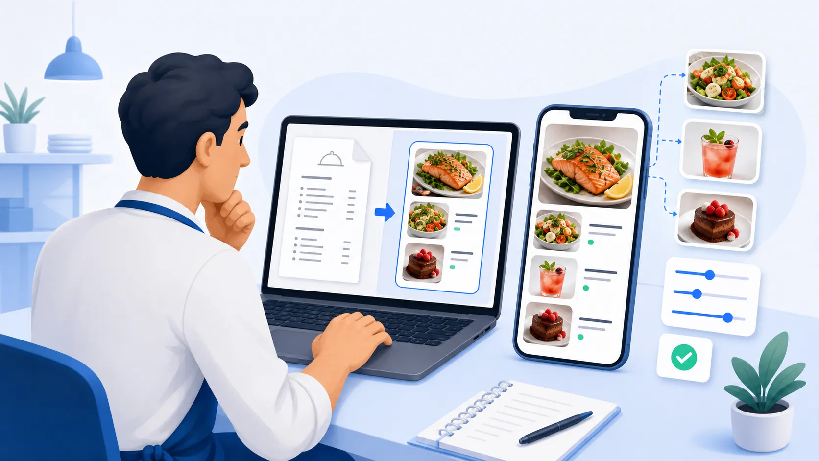 A restaurant owner comparing a plain PDF menu preview with a photo-rich mobile menu layout