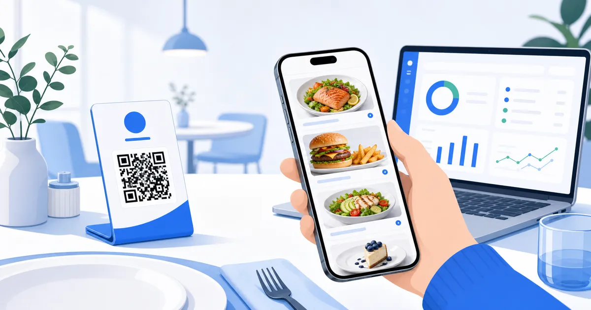 A restaurant table with a QR stand, smartphone menu, and digital menu dashboard