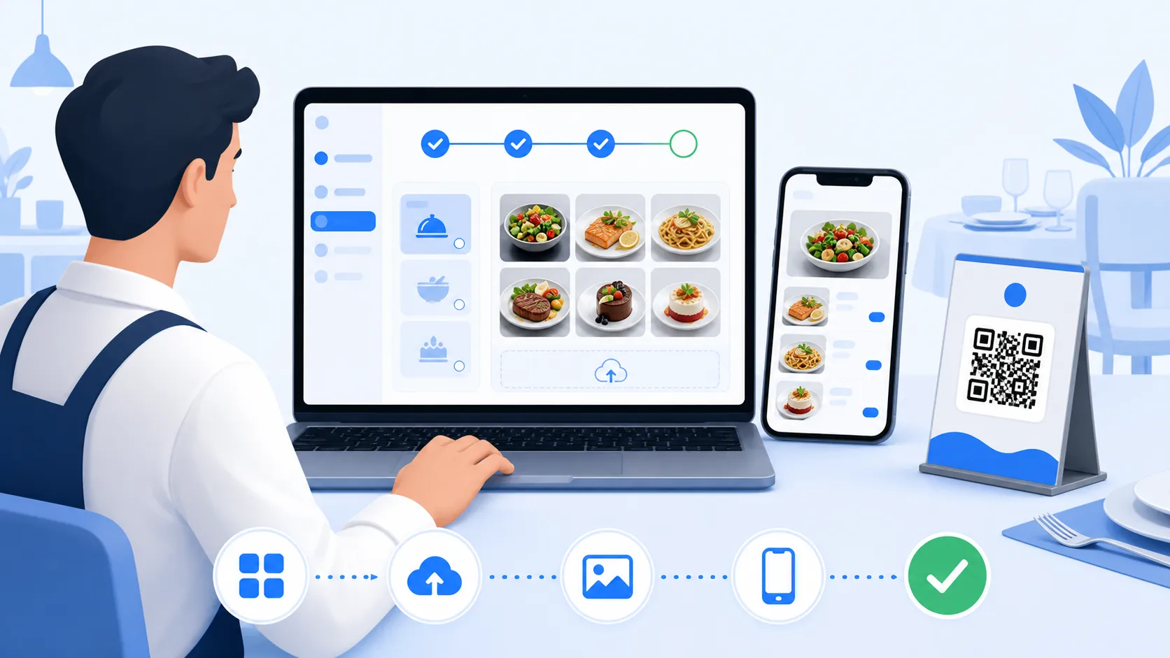 A restaurant owner setting up menu categories, dish photos, a phone preview, and a QR table card